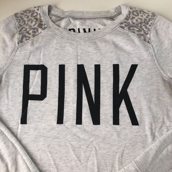 Victorias Secret Pink Logo Sweatshirt With Leopard Print Shoulders Size Small - Picture 11 of 16